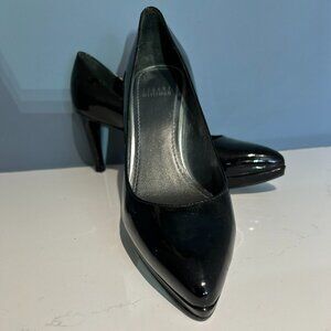 Stuart Weitzman Black Patent Leather Platform Pumps with Slim Block Heel – 7.5